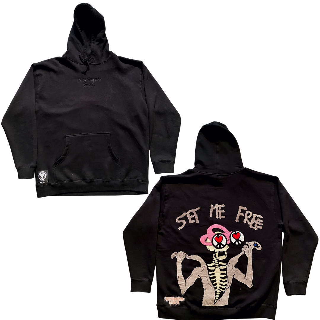Unapologetic Youth Set Me Free XL hoodie in black with bold white text, casual fit, and front kangaroo pocket.