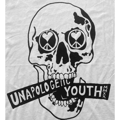 White Essential Skelly T-Shirt by Unapologetic Youth featuring a skeleton graphic design on the front.