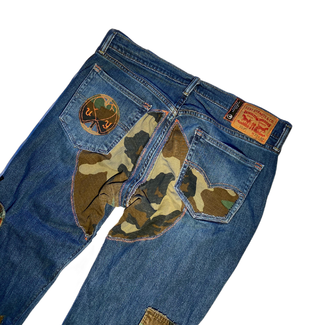 Unapologetic Youth blue denim jeans with classic five-pocket design and straight-leg fit, displayed on a white background.