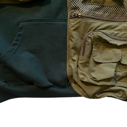 Unapologetic Youth large tactical gear hoodie with adjustable drawstrings, front pocket, and rugged design for outdoor activities.
