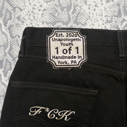 Unapologetic Youth "To The Bone" jeans featuring classic blue denim, high waist, and distressed details, front view.