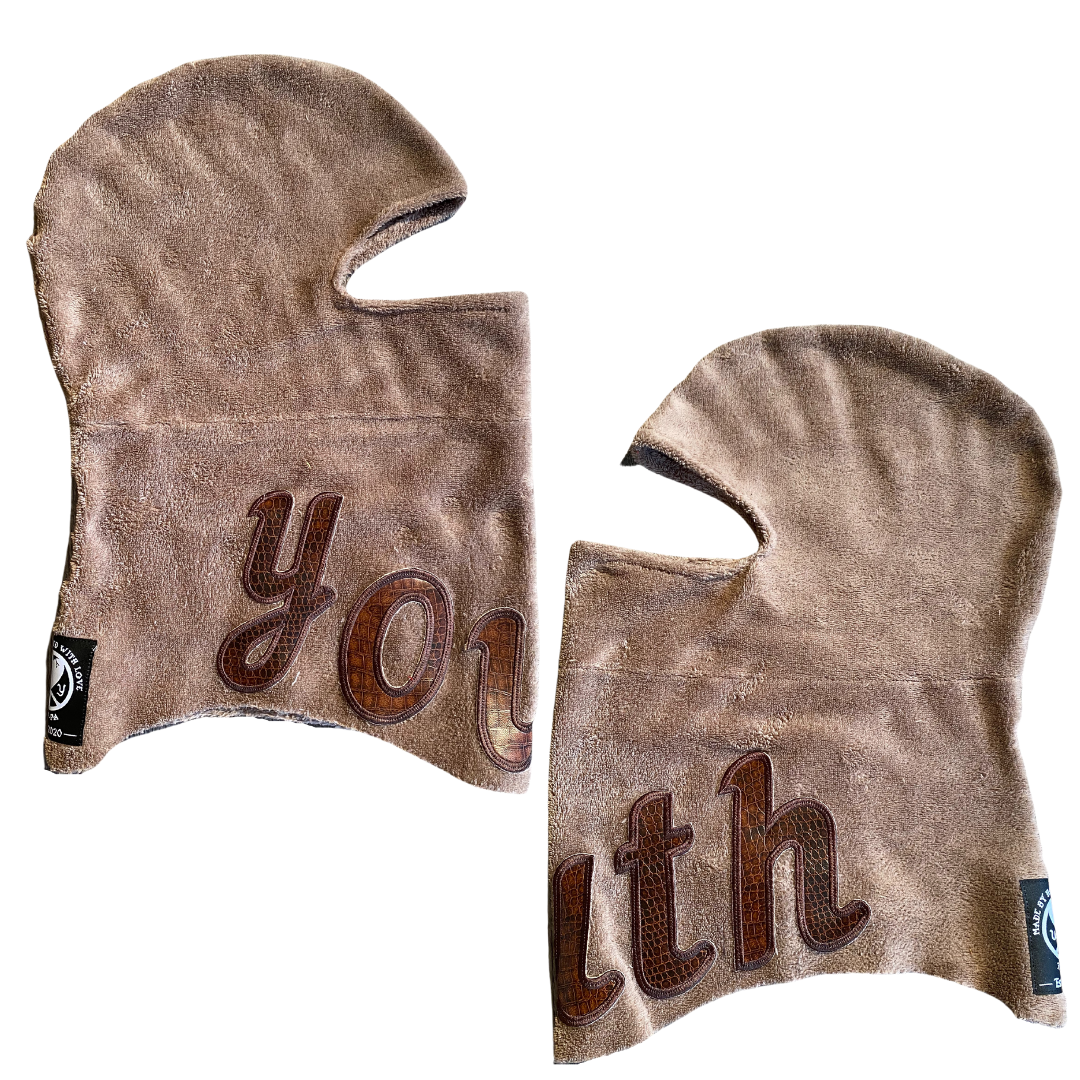 Unapologetic Youth black balaclava showing full face coverage with eye opening and snug fit for cold weather protection.