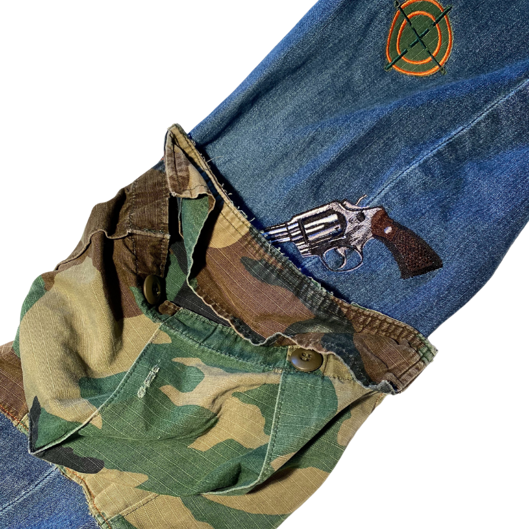 Unapologetic Youth jeans displayed on a hanger, showing classic denim with a relaxed fit and visible stitching details.