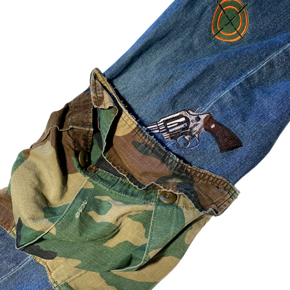 Unapologetic Youth jeans displayed on a hanger, showing classic denim with a relaxed fit and visible stitching details.
