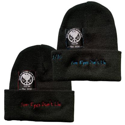 Unapologetic Youth All Seeing Eyes beanie featuring a bold eye design in black and white, cozy knit fabric for casual style.
