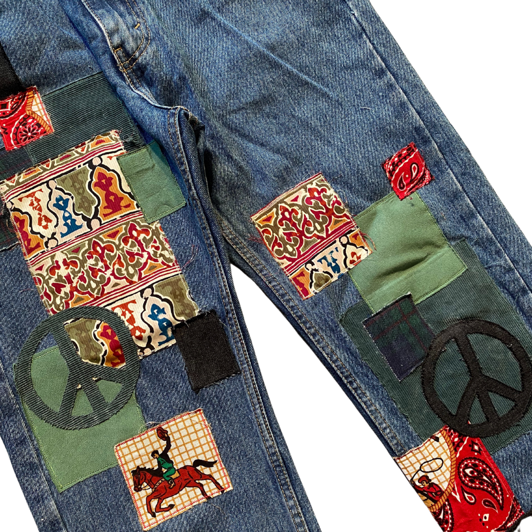 Unapologetic Youth Peaceful Cowboy jeans in 32x32 fit, showcasing denim fabric with classic stitching and a relaxed fit style.
