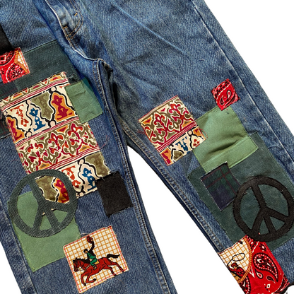 Unapologetic Youth Peaceful Cowboy jeans in 32x32 fit, showcasing denim fabric with classic stitching and a relaxed fit style.