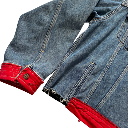 Unapologetic Youth Torn Large/XL denim jacket with distressed details and classic fit, shown on a hanger.