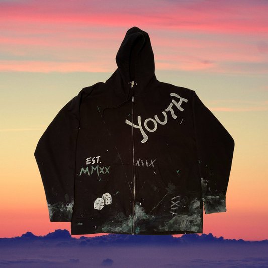 Unapologetic Youth hoodie in black with front pocket and drawstring hood, casual streetwear style.