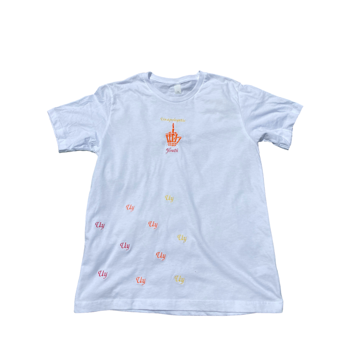 Unapologetic Youth flamethrower T-shirt featuring a bold flame graphic design on the front.