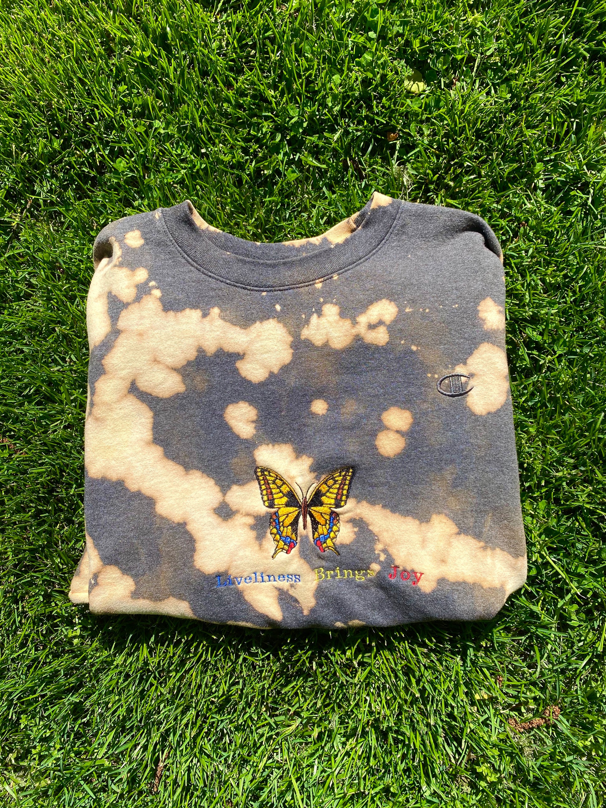 Unapologetic Youth x Champion Bring More Joy crewneck sweatshirt in soft fabric, shown in a relaxed fit with colorful design.
