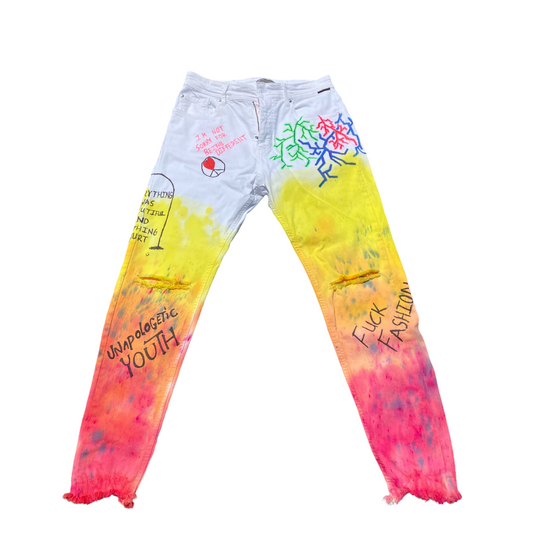 Light blue Unapologetic Youth Peace In Chaos jeans with distressed details and a relaxed fit, displayed on a hanger.