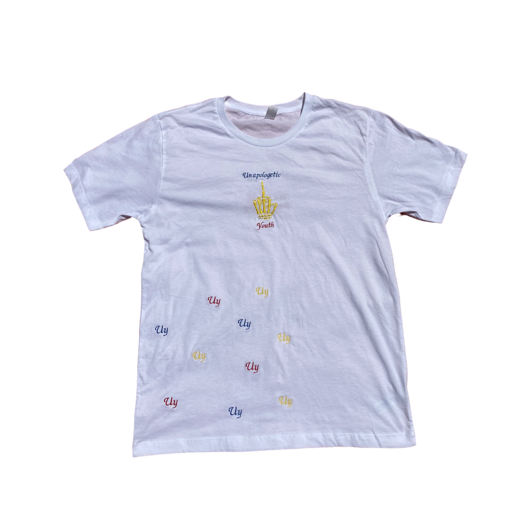 Unapologetic Youth primary T-shirt in white, featuring a casual fit with short sleeves and a round neckline.