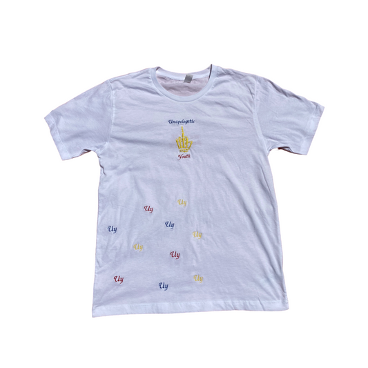 Unapologetic Youth primary T-shirt in white, featuring a casual fit with short sleeves and a round neckline.