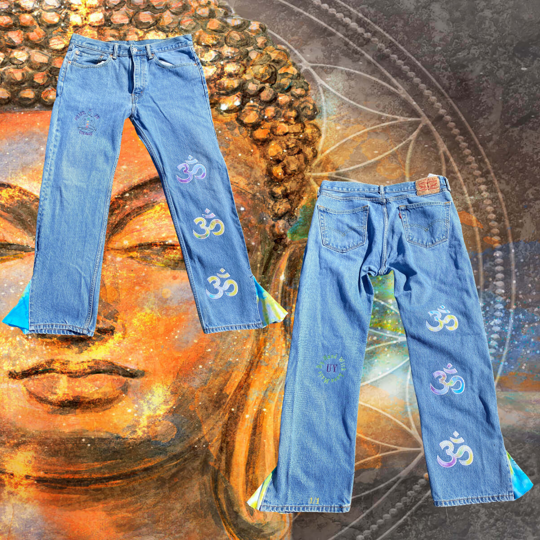 Unapologetic Youth Peace Of Mind Blue jeans with a relaxed fit and classic denim style, shown on a model.