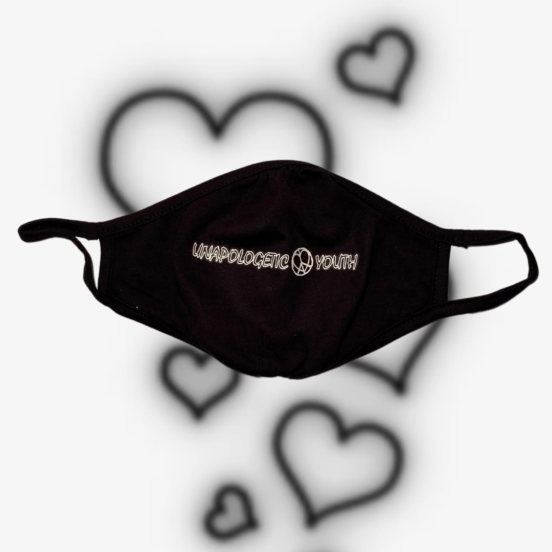 Unapologetic Youth Corona Killers facemask featuring bold black and white design with protective fabric and adjustable ear loops.