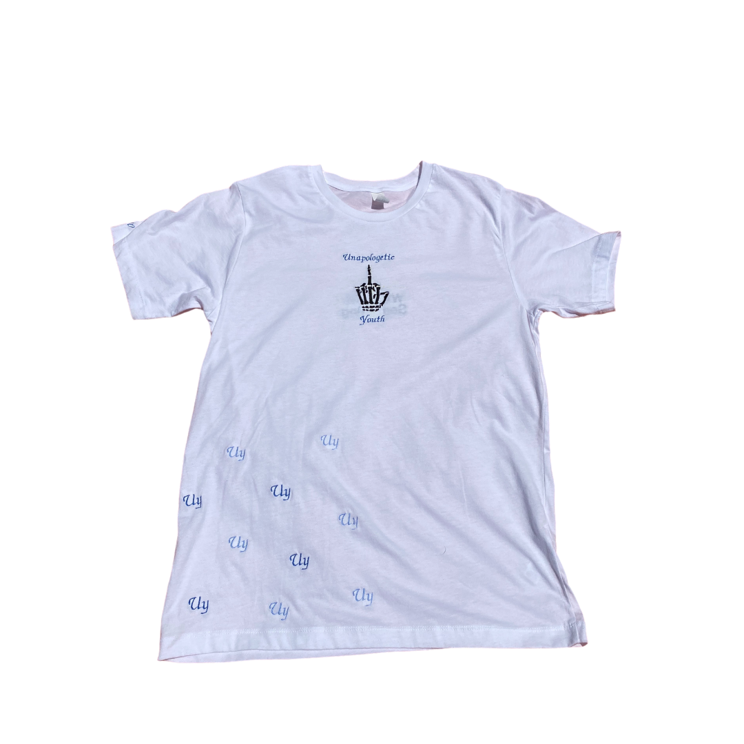 White Unapologetic Youth Ice T-shirt displayed on a hanger with a simple white background.