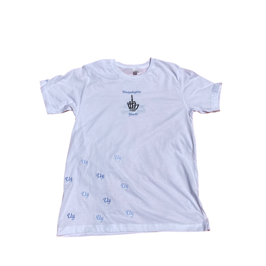 White Unapologetic Youth Ice T-shirt displayed on a hanger with a simple white background.
